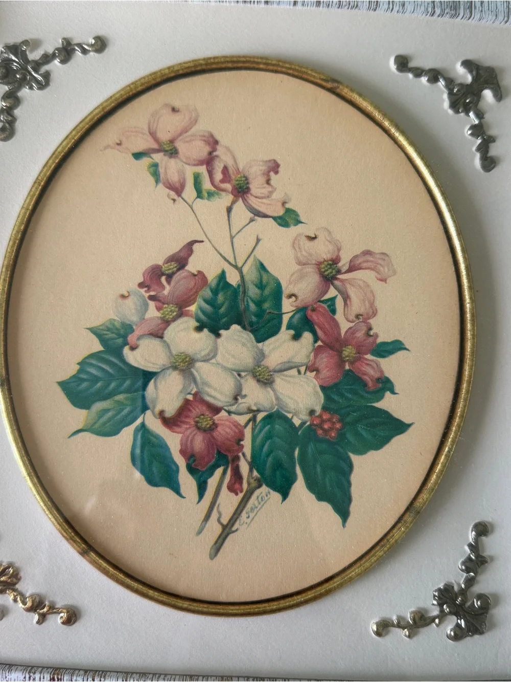 Vtg E. Serton Set Of 2 Floral Shadow Box Art Print Gold Emblems Framed Pictures